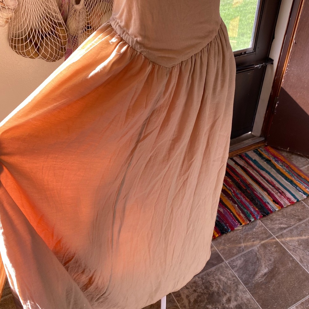 Commense Basque Waist A Line Tan Maxi‎ Dress XL Flowy Summer Beach Femme Boho - Picture 2 of 8